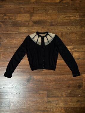 Vintage 1960s Knit Cardigan Black Sheer Illusion Sequin Yoke Metal Buttons MED